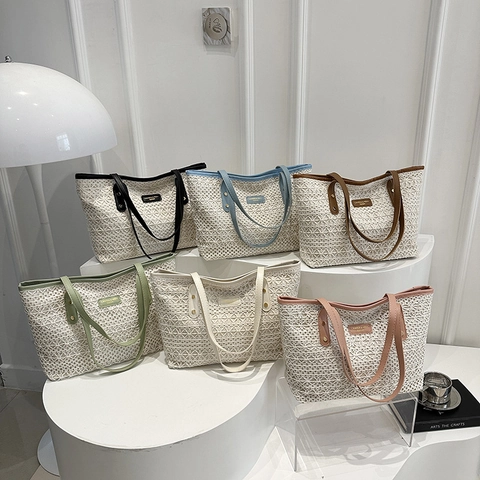 Damen Große Kapazität Gewebte Spitze Tote Bag Hohl Schultertasche mit PU Lederriemen Sommer Strand Mode Handtasche