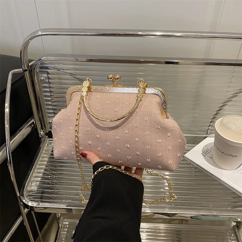 Vintage Handtasche Mit Kussverschluss Elegante Strukturierte Polka Dot Stoff Tasche Mit Metallgriff Und Kette Für Damen