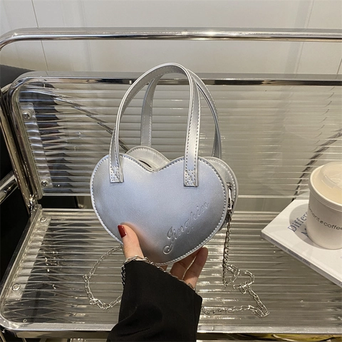 Heart Shaped Handbag PU Leather Mini Crossbody Bag With Metal Chain Strap For Women Fashion Trendy Urban Style