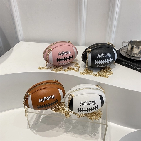Fashion Creative Rugby Ball Shaped Mini Shoulder Bag For Women Small PU Leather Crossbody Bag With Gold Chain Strap Small Purse