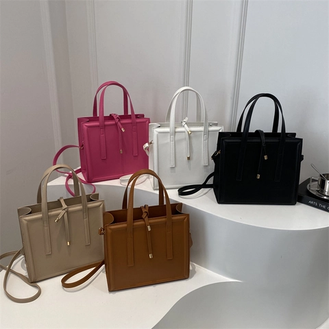 Minimalist Square Handbag PU Leather Large Capacity Tote Bag Elegant Urban Crossbody Purse For Women With Knot Decor
