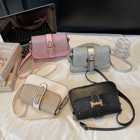 Bolso De Hombro Para Mujer Cuero PU Solapa De Lentejuelas Brillantes Hebilla H Metal Bolso Cuadrado Retro Elegante