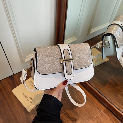 Bolso De Hombro Para Mujer Cuero PU Solapa De Lentejuelas Brillantes Hebilla H Metal Bolso Cuadrado Retro Elegante