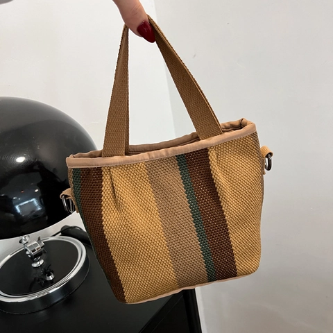 Retro Vertical Striped Canvas Tote Bag Large Capacity Casual Travel Handbag With Crossbody Strap Magnetic Closure Women