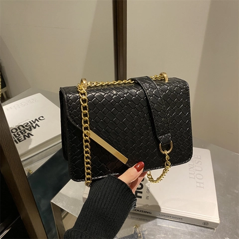 Women Woven Texture Small Square Bag Elegant Gold Chain Strap Crossbody Shoulder PU Leather Trendy Messenger