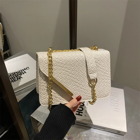 Women Woven Texture Small Square Bag Elegant Gold Chain Strap Crossbody Shoulder PU Leather Trendy Messenger