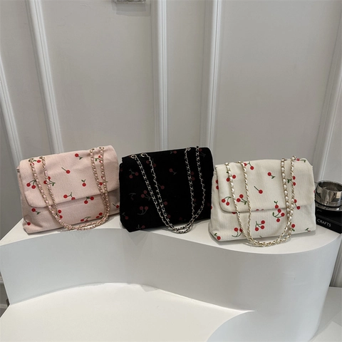 Sac À Épaule En Velours Côtelé Pour Femmes Avec Imprimé Cerise Chaîne En Métal Rabat Style Frais Doux