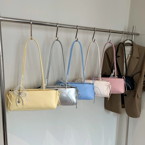 Korean Style Sweet Underarm Bag With Pearl Bowknot Lace Pendant PU Leather Small Pillow Bag Retro Minimalist Shoulder Bag