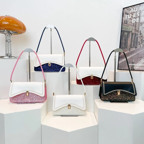 Sac à Bandoulière pour Femme en Cuir PU Élégant Sac Sous le Bras Patchwork à Paillettes Avec Rabat à Fermoir Métallique