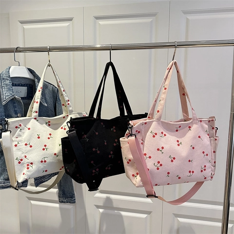 Borsa Tote In Velluto A Coste Con Stampa Ciliegie Grande Capacità Borsa A Tracolla Con Tracolla Regolabile E Tasche