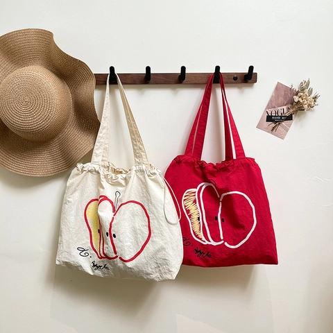 Bolso Tote Mujeres Lona Nylon Gran Capacidad Bolso De Hombro Con Estampado De Manzana Cierre De Cordón Casual