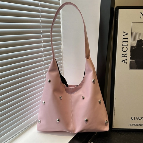 Damen Mode Niet Unterarmtasche Koreanische Nische PU Leder Spleißen Eimer Umhängetasche Für Den Täglichen Gebrauch Lässige Handtasche Magnetverschluss