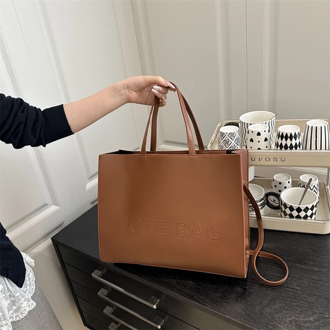 Grand Sac Cabas Femmes Cuir PU Sac Main Vintage Minimaliste Épaule Bandoulière Lettrage En Relief