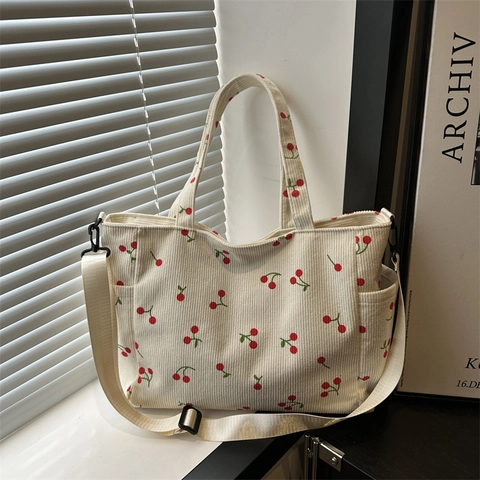 Borsa Tote In Velluto A Coste Con Stampa Ciliegie Grande Capacità Borsa A Tracolla Con Tracolla Regolabile E Tasche