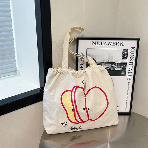 Bolso Tote Mujeres Lona Nylon Gran Capacidad Bolso De Hombro Con Estampado De Manzana Cierre De Cordón Casual