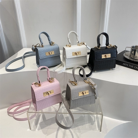 Crocodile Embossed PU Leather Mini Square Crossbody Bag Chic Handbag With Gold Turn Lock And Top Handle For Women