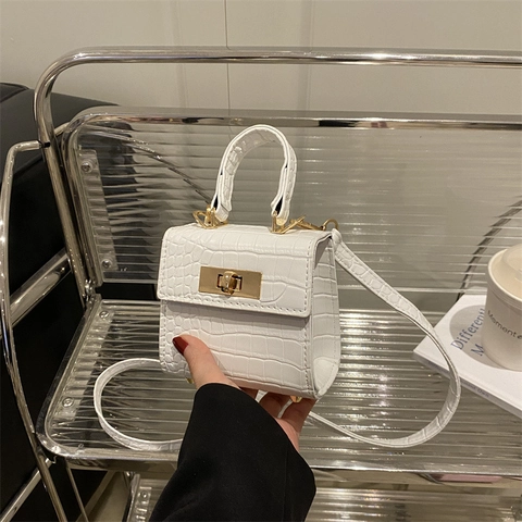 Crocodile Embossed PU Leather Mini Square Crossbody Bag Chic Handbag With Gold Turn Lock And Top Handle For Women