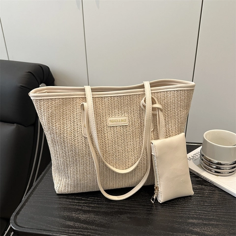 Stroh Gewebte Tote Handtasche PU Lederbesatz Schultertasche Mit Mini Beutel Sommer Strand Urlaub Stil Für Damen