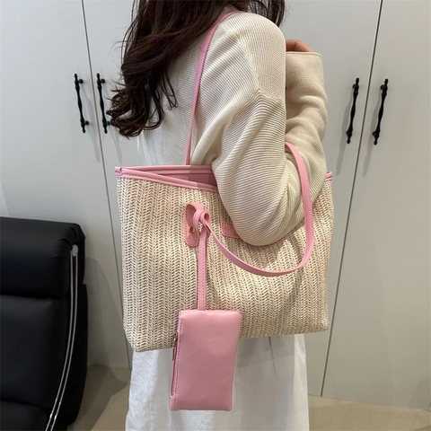 Stroh Gewebte Tote Handtasche PU Lederbesatz Schultertasche Mit Mini Beutel Sommer Strand Urlaub Stil Für Damen