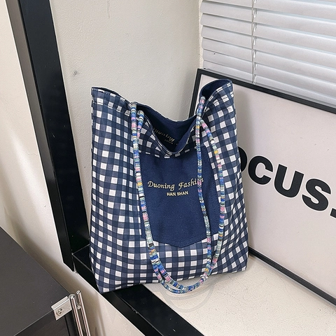 Borsa Tote In Tela Motivo A Scacchi Grande Capacità Borsa A Tracolla Con Cinturino Intrecciato Colorato Tasca Esterna Donna