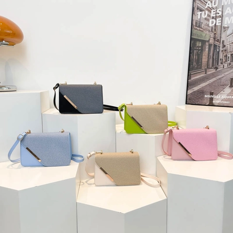 Women Crossbody Bag PU Leather Textured Fabric Square Small Shoulder Bag With Asymmetrical Flap And Metal Trim Decoration