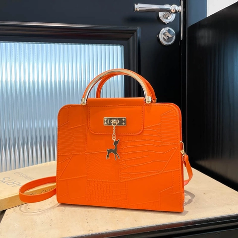 Fashion Women Handbag PU Leather Crocodile Pattern Metal Handle Deer Pendant Crossbody Shoulder Bag