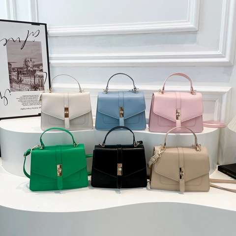 Minimalist PU Leather Square Shoulder Bag For Women Elegant Handbag With Flip Cover Golden Rotating Lock Adjustable Strap