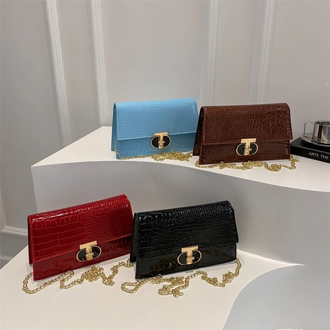 Dames Crossbodytas Krokodillenpatroon Ketting Retro Kunstleer Vierkant T-Slot Schoudertas