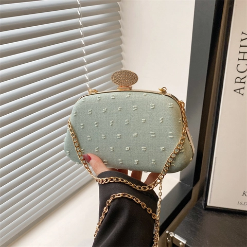 Damen Abendtasche Clutch Mit Straßverschluss Stoff Punktstruktur Goldene Kette Party Elegant