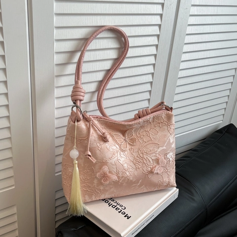 Women Butterfly Embroidery Lace Shoulder Bag New Chinese Style Commuter Underarm Tote With Tassel Charm Elegant