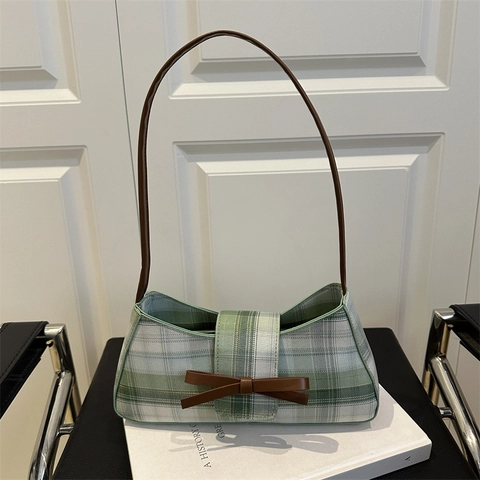 Karierte Unterarm-Schultertasche Mit Lederschleife Retro-Süße Baguette-Tasche Für Damen Pendlerstil