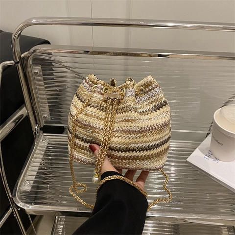 Women Stylish Multi Color Woven Straw Bucket Bag Striped Contrast Drawstring Crossbody Bag With Metal Chain Pearl Strap Shoulder Bag