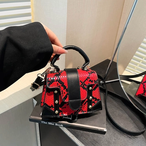 Mini Snake Print PU Leather Small Square Bag With Golden Rivets Detachable Shoulder Strap Fashionable Crossbody Handbag