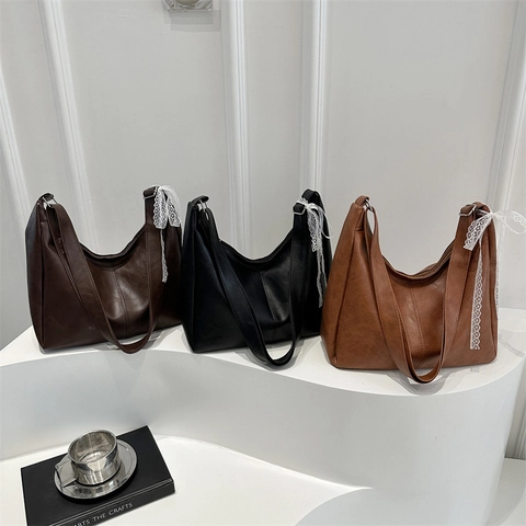 Borsa A Spalla In Pelle PU Grande Capacità Donna Borsa Hobo Retrò Con Fiocco In Pizzo Bianco Decorativo