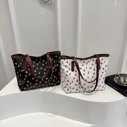 Damen Tote Bag PU Leder Kirschdruck Große Kapazität Nische Ästhetik Handtasche Für Mädchen Pendeln Streetwear Reißverschluss