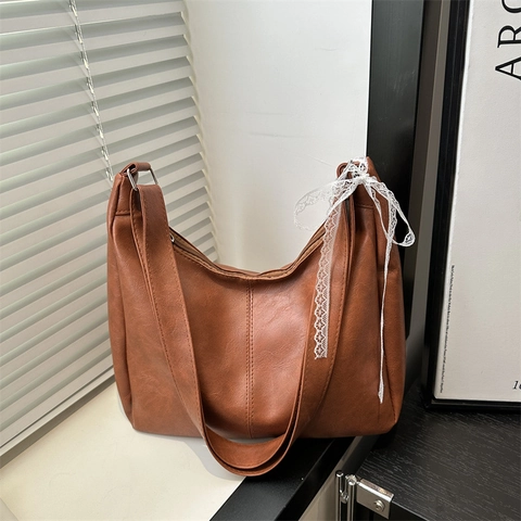 Borsa A Spalla In Pelle PU Grande Capacità Donna Borsa Hobo Retrò Con Fiocco In Pizzo Bianco Decorativo