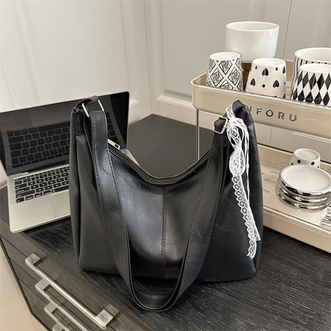 Vintage PU Leather Tote Bag For Women Solid Color Casual Crossbody Bag With Lace Ribbon Decoration Retro Shoulder Handbag