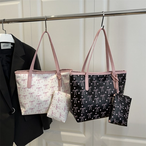 Damen PU Leder Tote Bag Und Kleine Tasche Große Kapazität Schleife Herz Print Trendiges Pendeln Süße Ästhetische Tragegriff