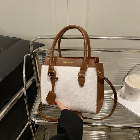 Elegant Contrast Color PU Leather Handbag For Women Litchi Pattern Large Capacity Shoulder Crossbody Bag Fashionable