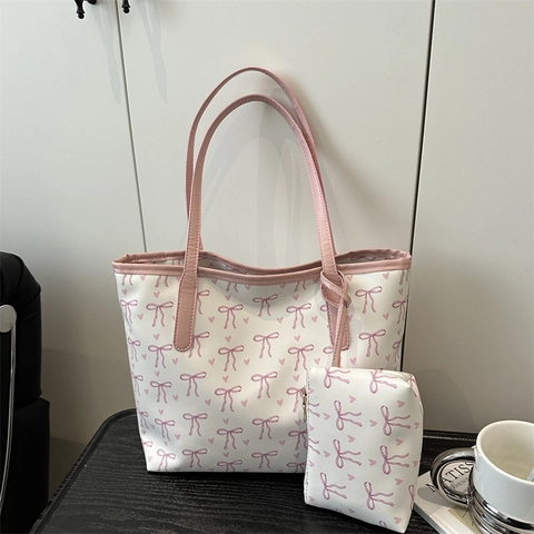 Damen PU Leder Tote Bag Und Kleine Tasche Große Kapazität Schleife Herz Print Trendiges Pendeln Süße Ästhetische Tragegriff