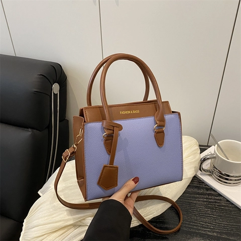 Elegant Crossbody Handbag Litchi Grain PU Leather Contrast Color Small Square Shoulder Bag With Top Handle For Women