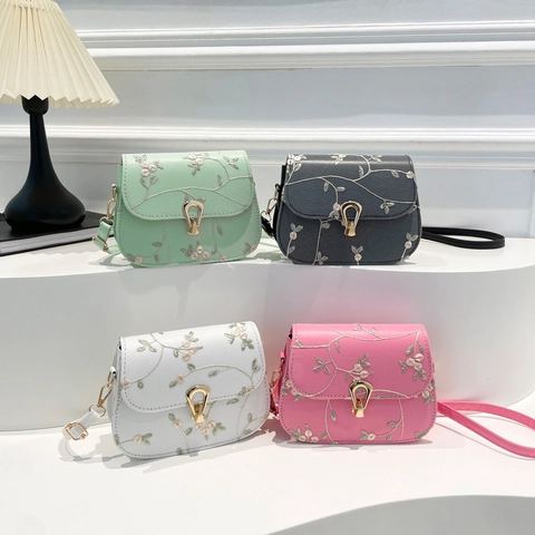 Borsa a Tracolla Piccola Quadrata da Donna di Tendenza Ricamo Floreale Vintage in Tessuto PU Borsa a Mano con Hardware Oro