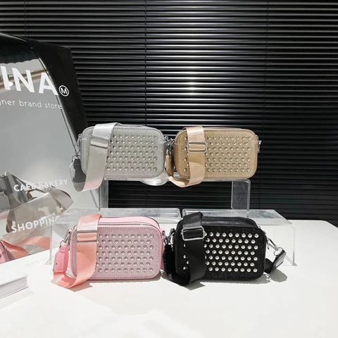 Women Crossbody Bag Small Square Camera Purse With PU Leather Metal Rivets Trendy Wide Adjustable Strap Punk Style