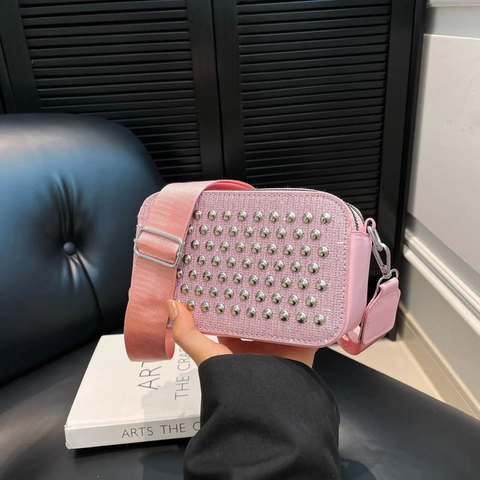 Women Crossbody Bag PU Leather Rhinestone Rivet Decor Wide Strap Trendy Small Square Camera Purse For Daily Fashion