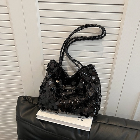 Pailletten Schultertasche Polyester Futter Glänzend Metallic Tote Mit Geflochtenem Riemen Für Party Streetwear Y2K Mode