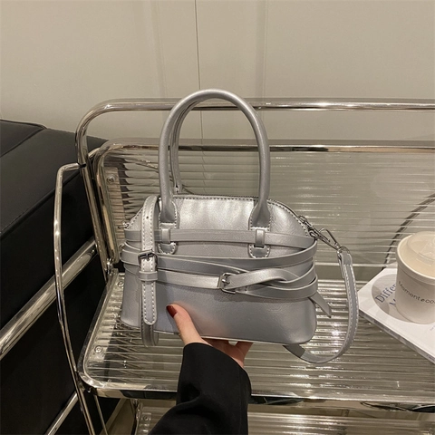 Shell Shoulder Bag PU Leather Decorative Belts Metal Buckle Top Handle Crossbody Fashion For Women Solid Color
