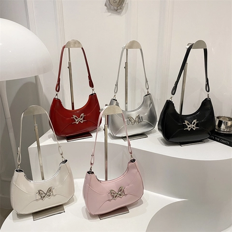 Women Hobo Bag PU Leather Crescent Underarm Shoulder Bag Chic Metal Butterfly Buckle Sweet Street Trendy Y2K Style
