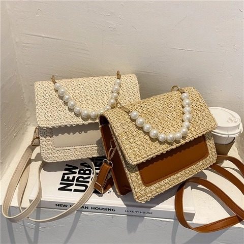 Sac Bandoulière En Paille Tissée Avec Poignée En Künstliche Perles Patchwork Cuir PU Sac À Main Épaule Pour Femmes Style Vacances