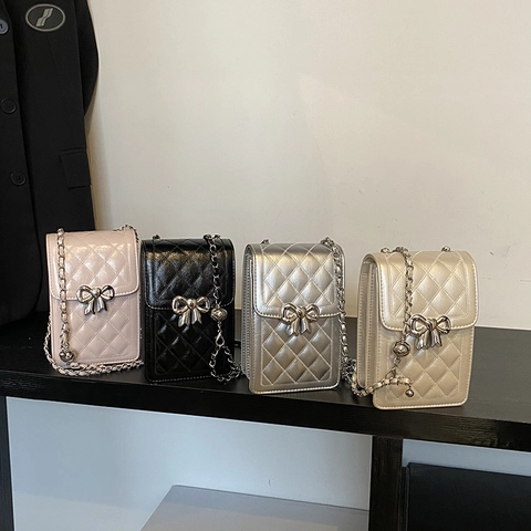 Damen Gesteppte Rauten Handy Umhängetasche PU Leder Metall Schleife Kette Schultergurt Schick Vertikal Kleine Tasche