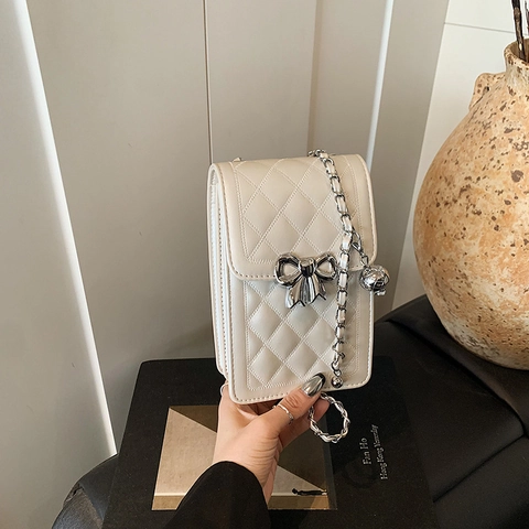 Damen Gesteppte Rauten Handy Umhängetasche PU Leder Metall Schleife Kette Schultergurt Schick Vertikal Kleine Tasche